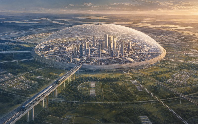 Conceptual planned city with a climate dome and monorail