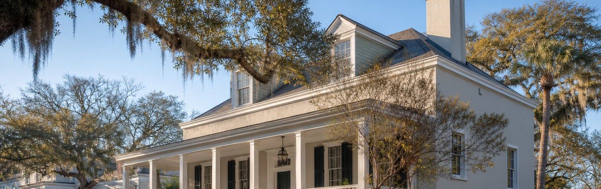 Charleston SC neighborhood home with porch and live oak