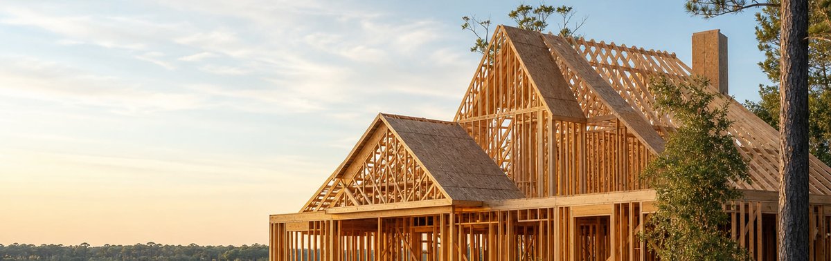 Wood-framed custom home under construction on Lowcountry marsh near Charleston SC