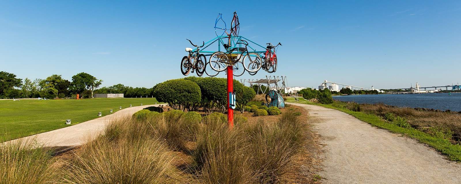 Riverfront Park along the Cooper River in North Charleston SC, with the bicycle sculpture and walking path
