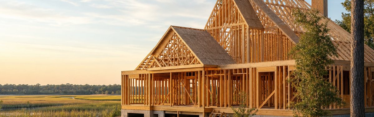 Wood-framed new construction home overlooking Lowcountry marsh near Charleston SC