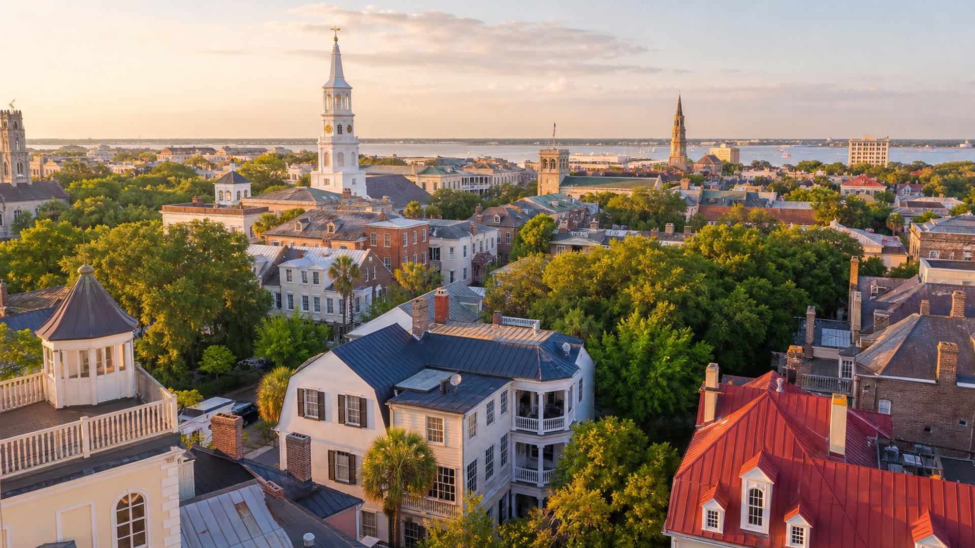 Elevated Charleston SC historic rooftops and church steeples overlooking the harbor