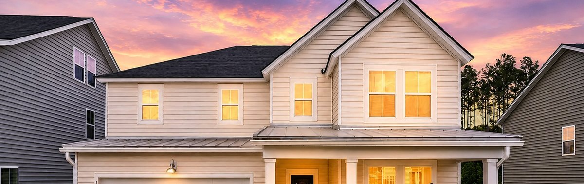 A new home at dusk, the kind of home a veteran buys with a VA loan near Charleston SC