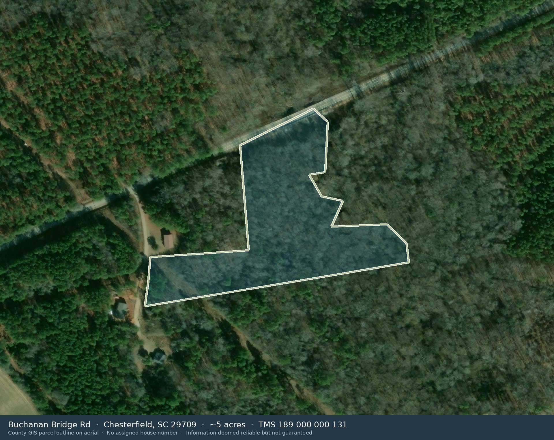 Aerial of 0 Buchanan Bridge Rd, Chesterfield SC with TMS 189 000 000 131 outlined