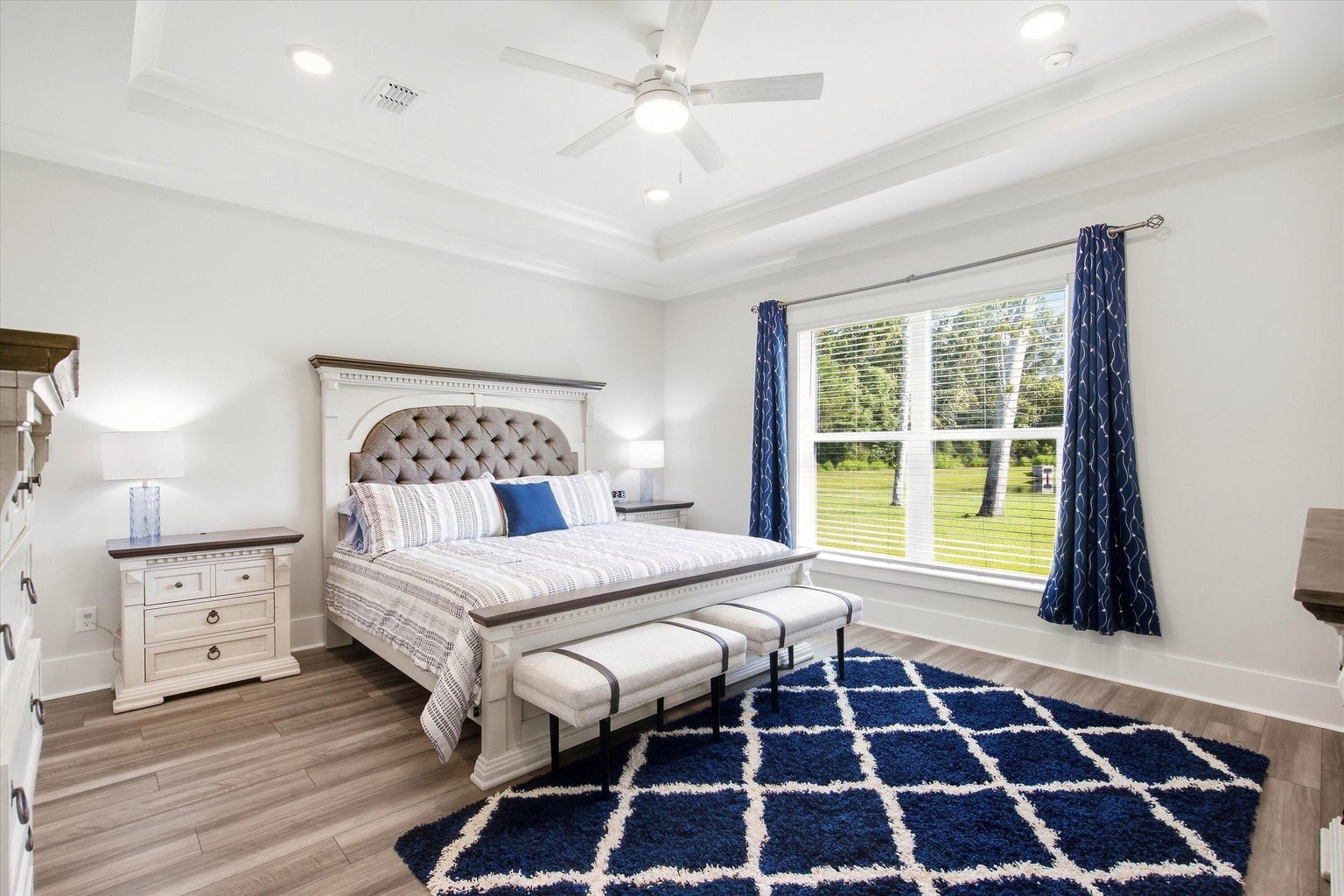 First-floor primary bedroom with a tray ceiling and a view of the lawn