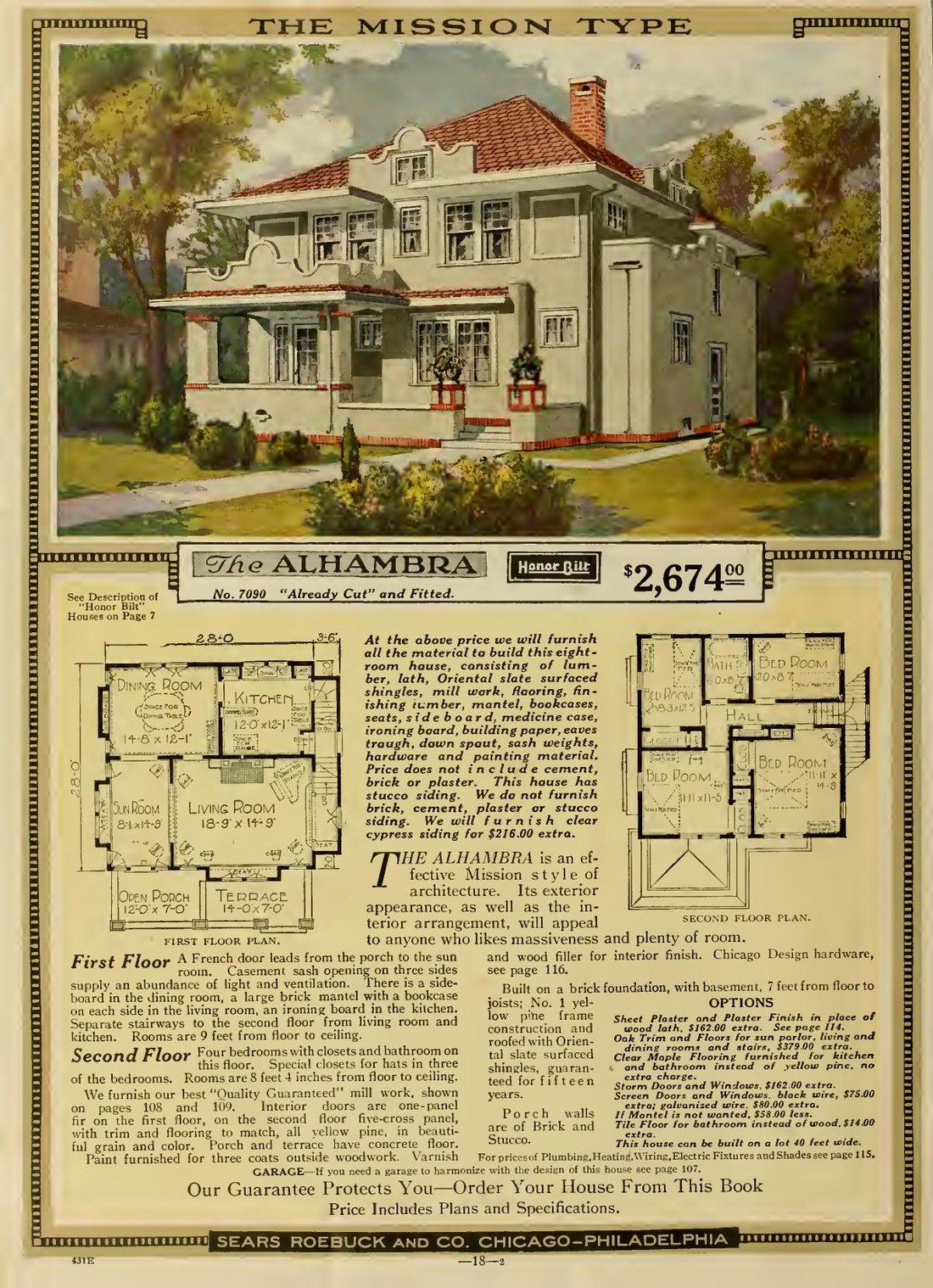 Sears catalog page for the Alhambra: Mission-style house illustration and two-story floor plans