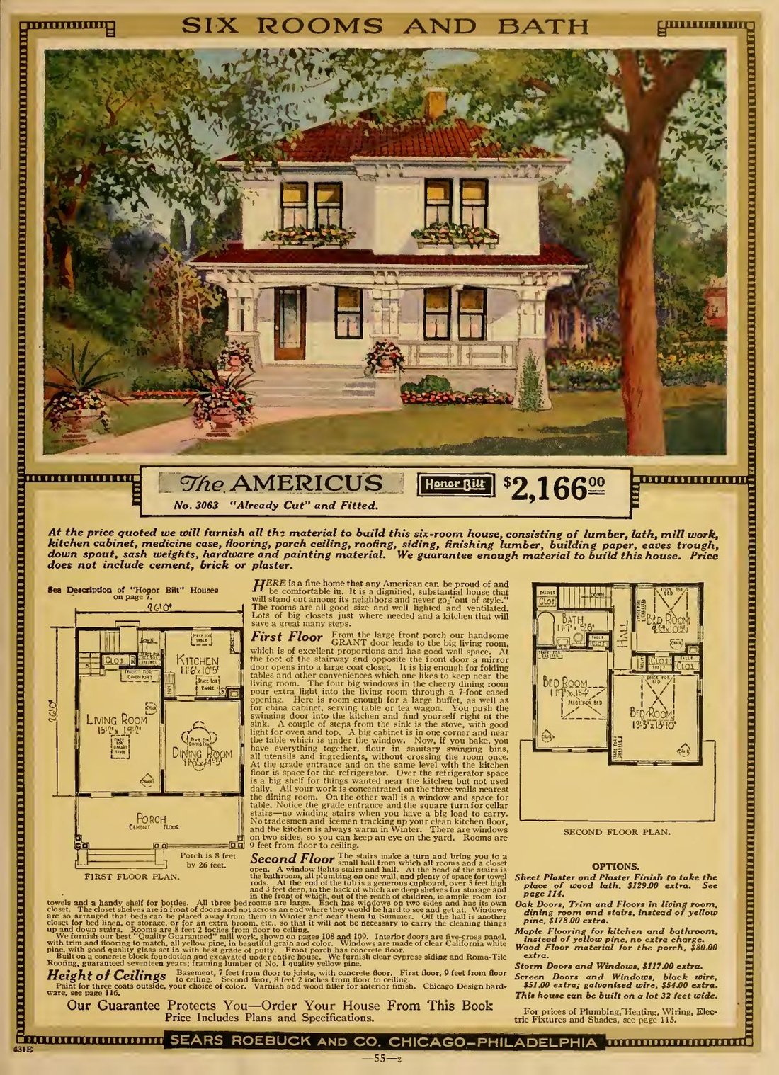 Sears catalog page for the Americus foursquare with first- and second-floor plans