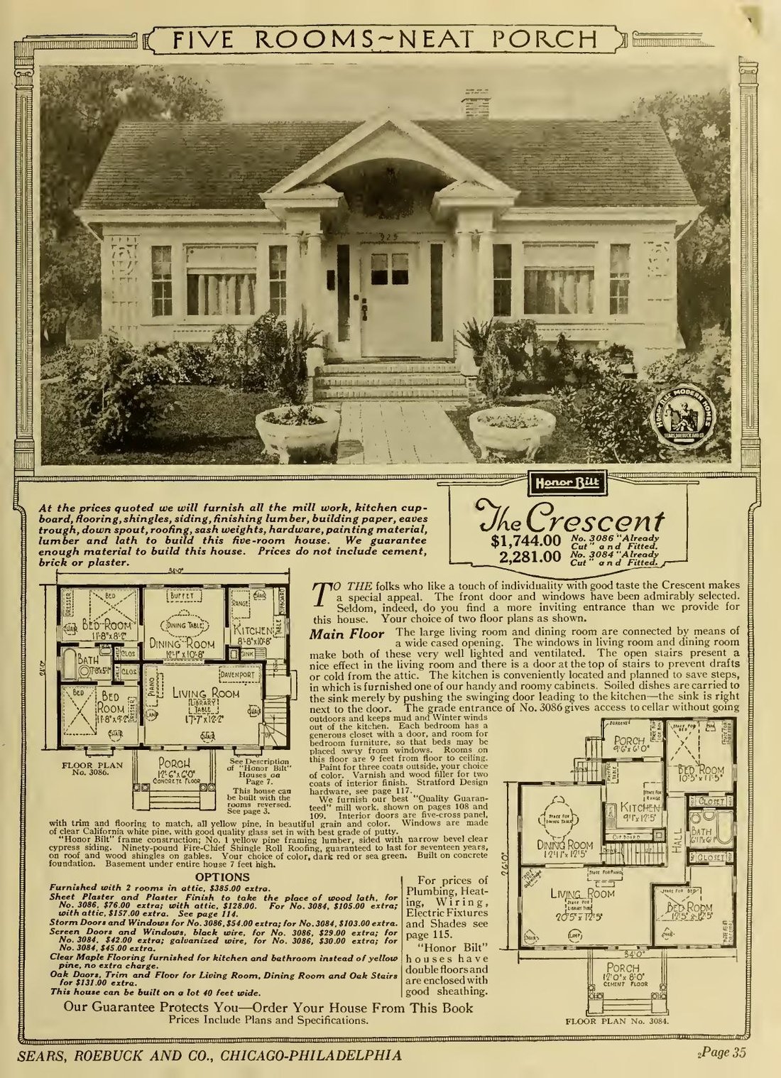 Sears catalog page for the Crescent bungalow with two alternate floor plans