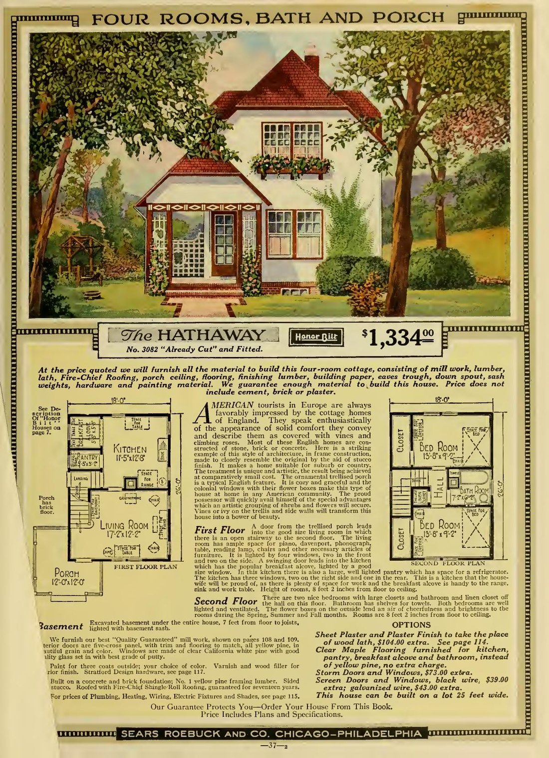 Sears catalog page for the Hathaway English cottage with first- and second-floor plans