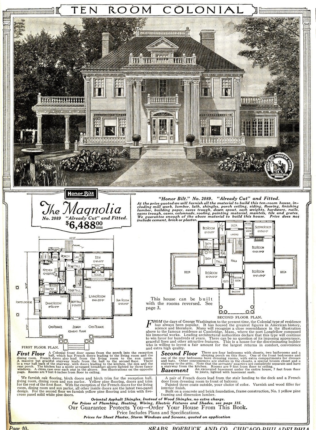 1921 Sears catalog page for the Magnolia: Colonial house drawing with first- and second-floor plans