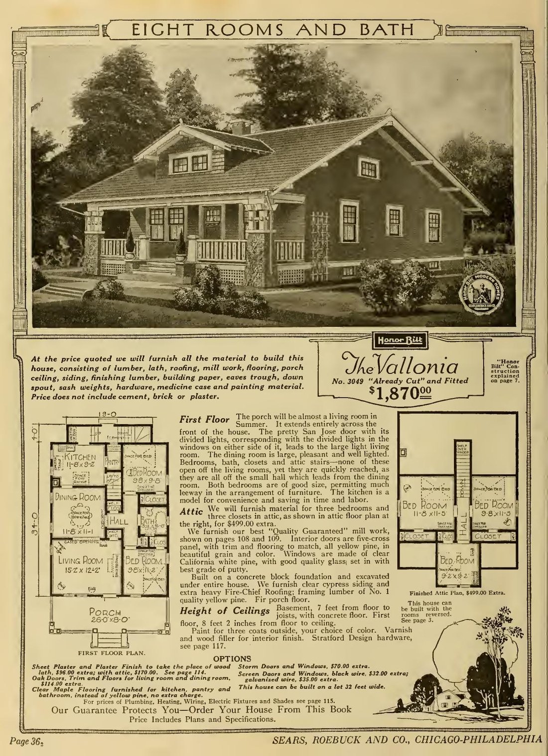 Sears catalog page for the Vallonia Craftsman bungalow with first-floor and attic plans